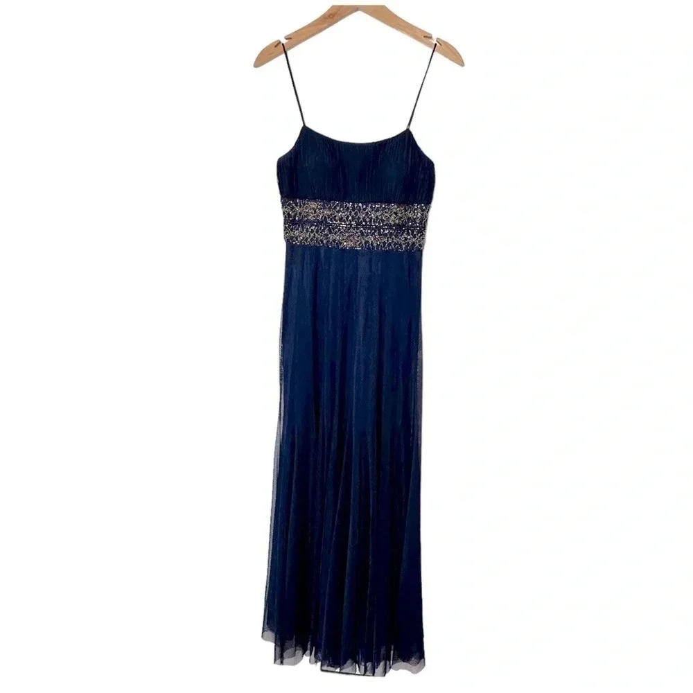 Xscape Joanna Chen Gown 6 Navy Blue Beaded Empire Waist Mesh Overlay Maxi Dress
